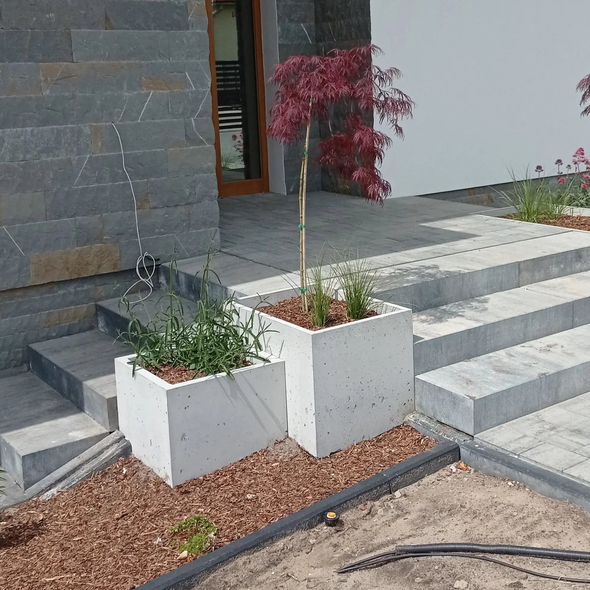 Outdoor Concrete Planters - Rectangle 60x60x60 cm in frontyard of a house next to the stairs Decormania.eu